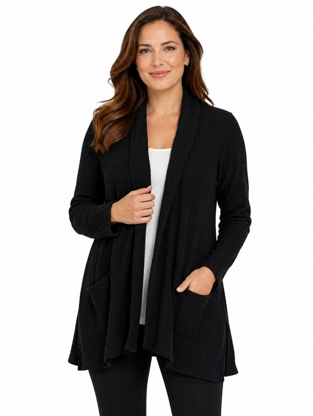 Sympli Waffle Knit Long Open Cardigan Sweater Black Size 10 Made in Canada